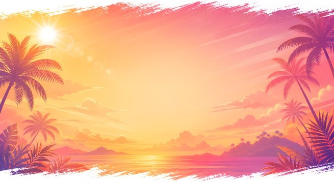 Warm Tropical Summer Sunset Background with Palm Silhouettes