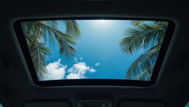Open panoramic sunroof in automobile capturing sunny blue sky and tropical palm leaves
