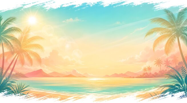 Tropical Beach Sunrise Background with Turquoise Sea and Palm Trees