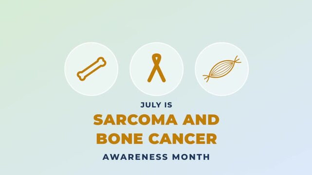 July is Sarcoma and Bone Cancer Awareness Month digital banner with flat icons on soft gradient background for medical education campaign