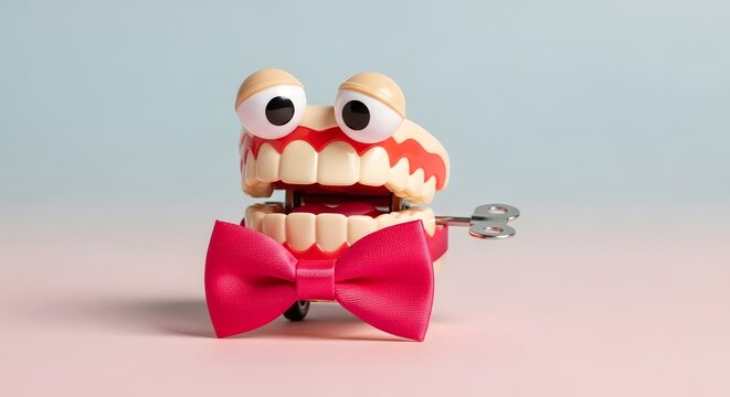Funny mechanical wind-up chattering teeth toy with googly eyes and pink bow tie on pastel background concept