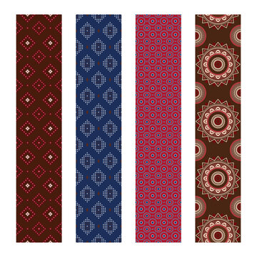 Set of geometric and seamless Shweshwe vertical border pattern with traditional African fabric and dot circle motif. Tribal and ethnic textile or cultural tapestry with ornamental Seshoeshoe wallpaper