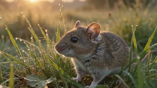 A cute wild field mouse sitting in green grass covered with morning dew drops during a warm golden sunrise. Beautiful close up wildlife nature scene.
