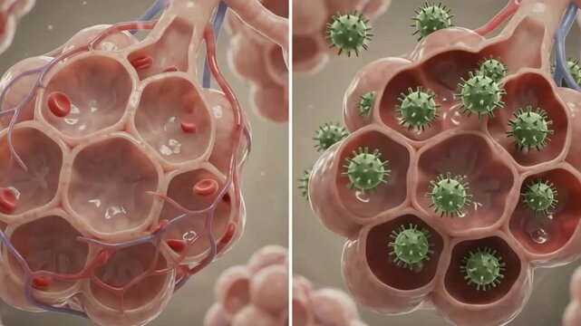 Split screen medical visualization comparing healthy lung alveoli with normal blood flow to infected air sacs filled with virus particles and inflammatory fluid or pneumonia.