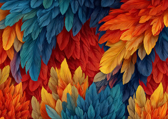 Obraz premium A vibrant, colorful illustration showcasing a layered composition of stylized feathers in a stunning array of warm and cool tones