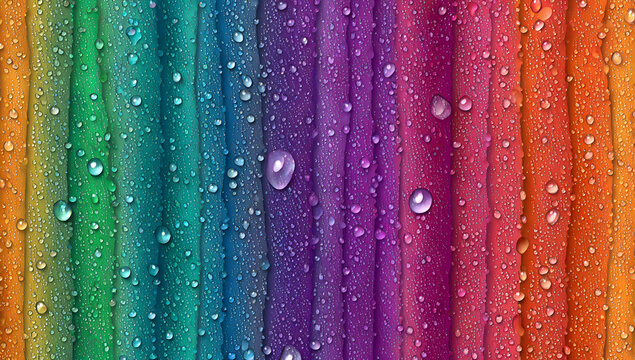 A vibrant, colorful backdrop with vertical stripes, mimicking a textured, wet surface. Water droplets add a realistic, natural element