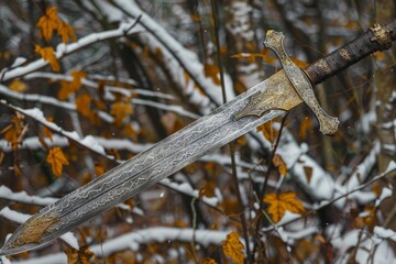 Obraz premium Ornate fantasy sword with gold hilt and engravings, resting on snow covered branches in a forest with autumn leaves, creating a magical and mysterious scene