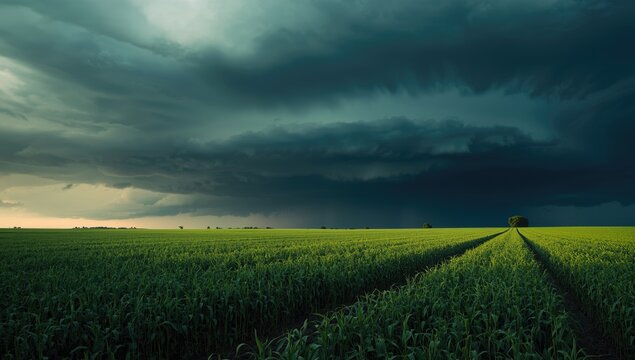 Storm clouds advancing over cultivated soybean fields in agricultural production zone