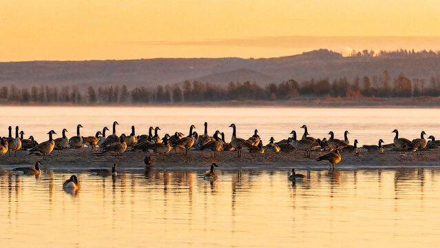 A flock of geese resting on a sandbar in a lake during golden hour.