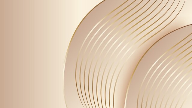 ​An elegant abstract background featuring soft beige and cream gradients. The design is highlighted by smooth, sweeping curved shapes and multiple thin, shimmering gold metallic lines that create a lu