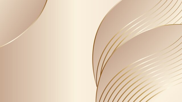 ​An elegant abstract background featuring soft beige and cream gradients. The design is highlighted by smooth, sweeping curved shapes and multiple thin, shimmering gold metallic lines that create a lu