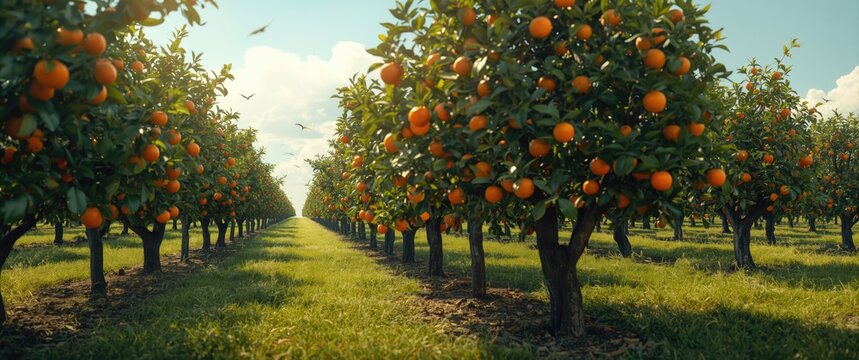 Sprawling orange tree orchard lush with colorful fruit beneath a cloudless sky