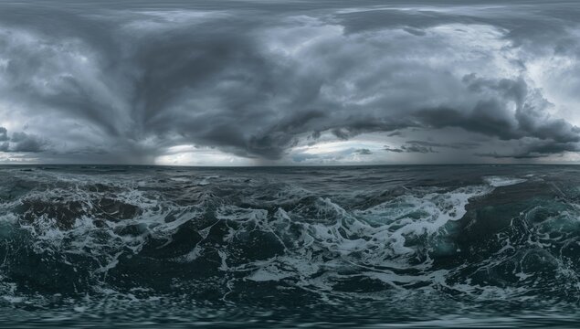 Detailed 360 degree spherical HDRI panorama showing storm over sea