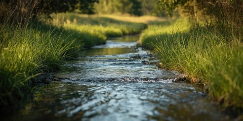 Fototapeta premium Relaxing flow of freshwater bordered by verdant grass and wild plants