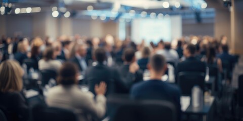 Fototapeta premium Soft focus photo of a crowded conference room with people in an artistic banner