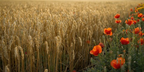 Obraz premium Thriving cereal plants of gold beside dazzling poppy blooms