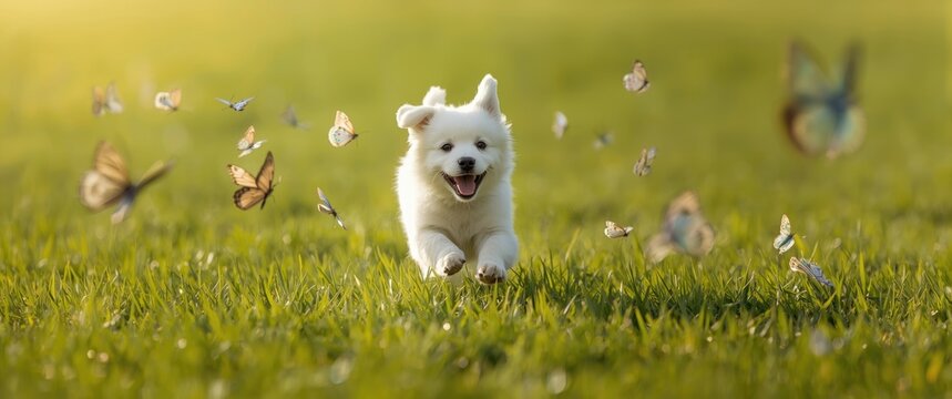 smiling white puppy chasing butterflies on a bright summer afternoon