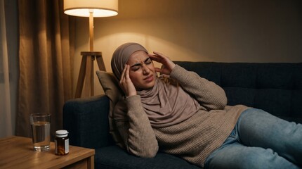 Obraz premium Tired woman wearing a hijab lying on a dark living room couch, massaging her temples to relieve a severe headache. Medicine on table nearby.