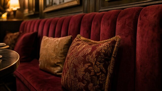 A plush wine-red velvet banquette with decorative pillows, soft ambient lighting.