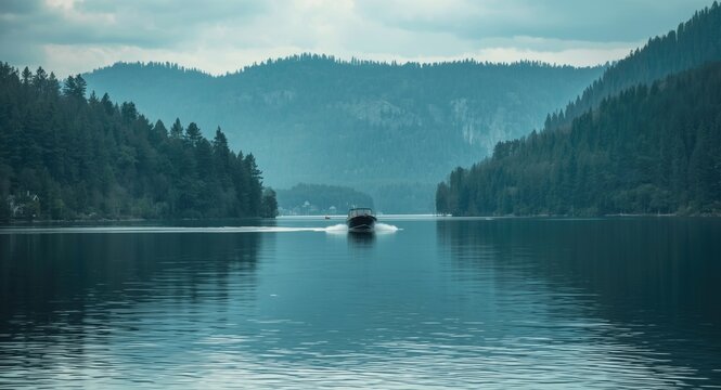 peaceful boat gliding on a still lake with forested hills around
