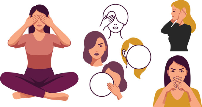 Three Wise Monkeys Concept Vector Set with Women Covering Eyes Ears and Mouth Representing See No Evil Hear No Evil Speak No Evil Illustration