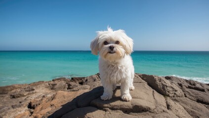 Playful Maltese dog perched on coastal rock overlooking peaceful sea