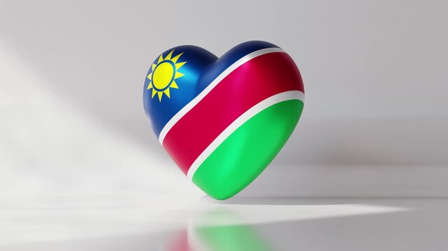 A 3D heart features the national flag of Namibia and rotates smoothly in a seamless loop. This animation showcases national pride and connection to the country