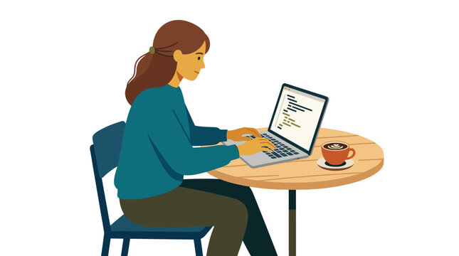 Young woman working on laptop at cafe table with coffee, flat design illustration.