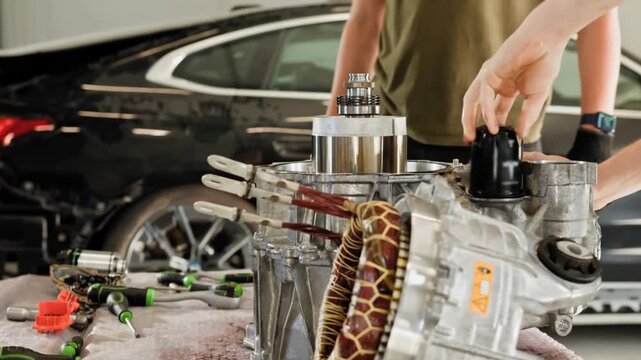Technicians Servicing Electric Vehicle Powertrain System