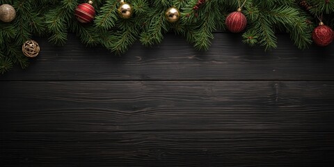 Obraz premium Top view of holiday balls and fir twigs placed on dark wooden table with copy space available