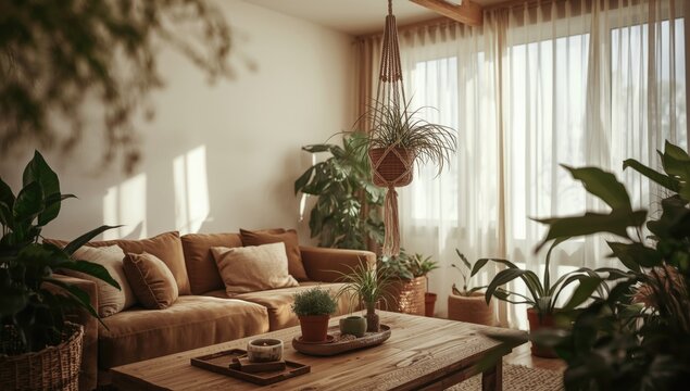 Stylish minimalist boho room with macrame plant holder and carefully curated furniture and plant d&Atilde;&copy;cor