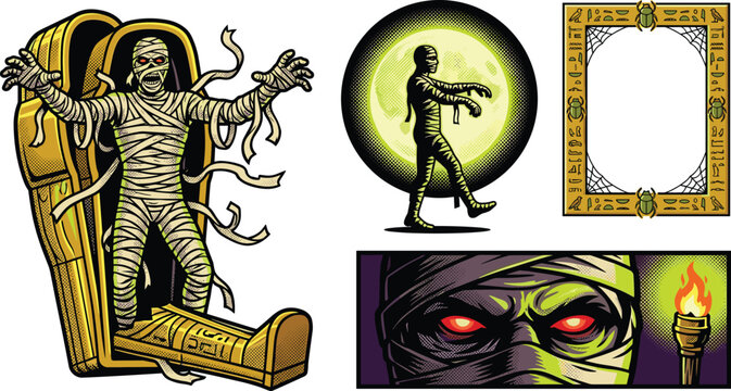 Halloween Mummy Vector Element Set Featuring Ancient Egyptian Monster Awakening From Golden Sarcophagus Walking Zombie Silhouette and Red Eyes Graphic Illustration