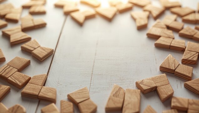 Creative layout of trapezium shaped wood tangram puzzle on clean white wood copy space