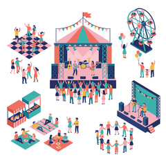 Obraz premium Vibrant isometric illustration of a lively outdoor festival scene with music, food, and entertainment for a diverse crowd