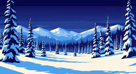 Serene Winter Landscape Vector Illustration Snow-Covered Pine Trees and Majestic Mountains under a Deep Blue Sky © Purnomo Semlirick