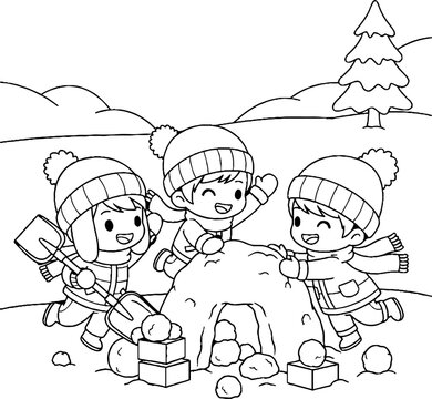 Children joyfully building a snow igloo together outdoors.