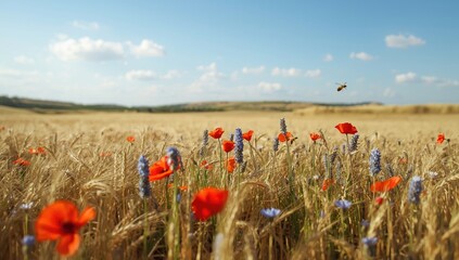 Obraz premium Natural wheat expanse adorned by vibrant poppies and cornflowers swaying freely below an open sky advocating for pollinator conservation