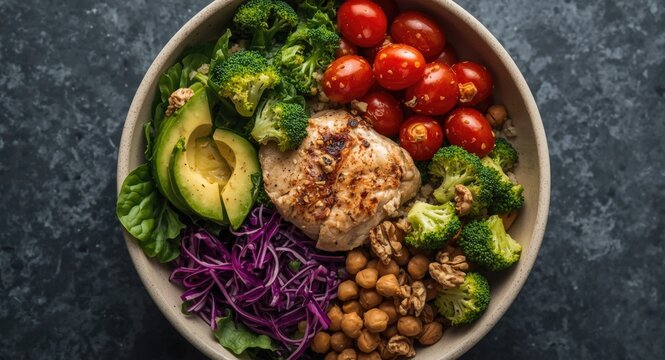 Top view of a healthy Buddha bowl with grilled chicken fillet, quinoa, avocado slices, cherry tomatoes, broccoli florets, red cabbage, chickpeas, mixed greens, pine nuts, and walnuts