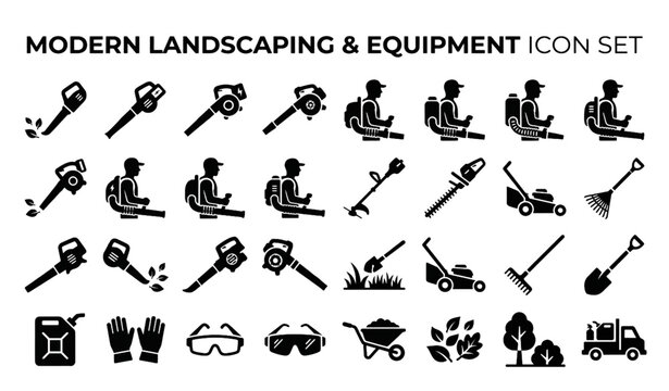 Garden equipment and leaf blower black silhouette icon collection isolated on white