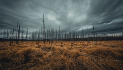 Obraz premium Somber forest expanse with dead trees and dry grass beneath a brooding sky