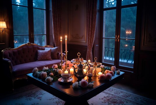 Elegant Rainy Evening Tea Time in Luxurious Classic Interior