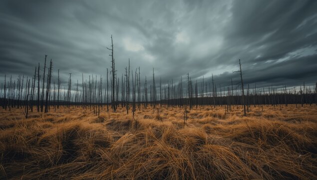 Somber forest expanse with dead trees and dry grass beneath a brooding sky