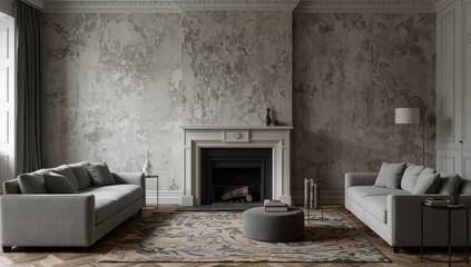 Obraz premium Generous grey sitting room featuring an ample couch and a classic hearth with a venetian plaster backdrop