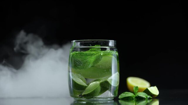 Cold Lemon Lime Mint Soda With Refreshing Mist Background