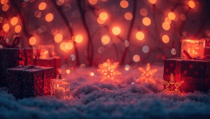 Obraz premium Winter holiday background with neon glow, festive presents, and luminous lights