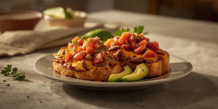 Savory Molletes on Bolillo Bread Loaded with Refried Beans, Melted Cheese, Pico de Gallo, and Sliced Avocado Protein