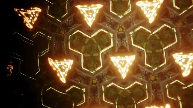 Colorful kaleidoscopic composition made from reflections of glass objects and small LED lights, forming star like symmetrical patterns