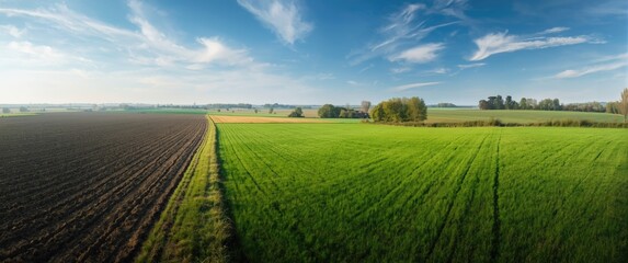 Obraz premium High viewpoint showing fresh green pasture adjoining deep brown turned soil in a soothing countryside landscape backdrop