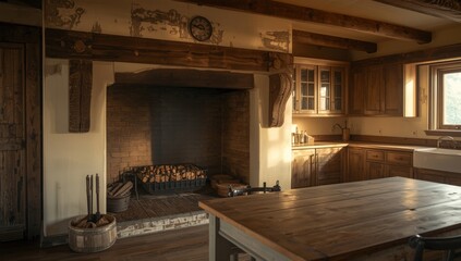 Obraz premium Traditional farmhouse cooking area with an antique fireplace and aged wood details