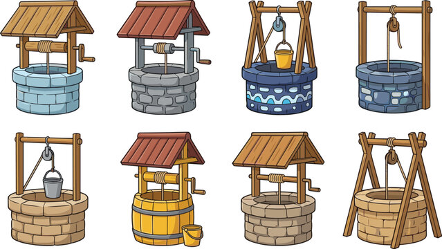 Traditional water well collection illustration featuring wooden stone and rustic village wells isolated on white background